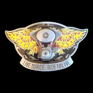 Live To Ride Ride To Live Flaming Biker Belt Buckle Metal & Glossy Enamel